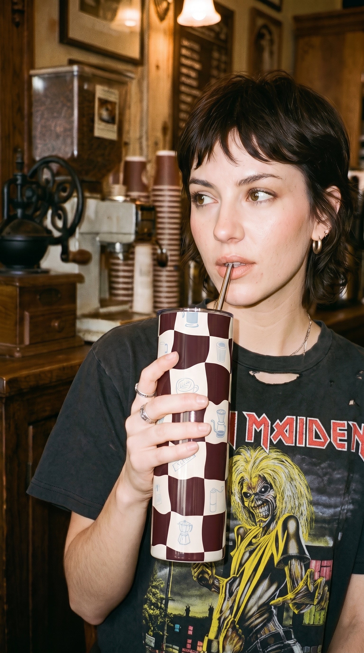 coffee checkered stainless steel tumbler