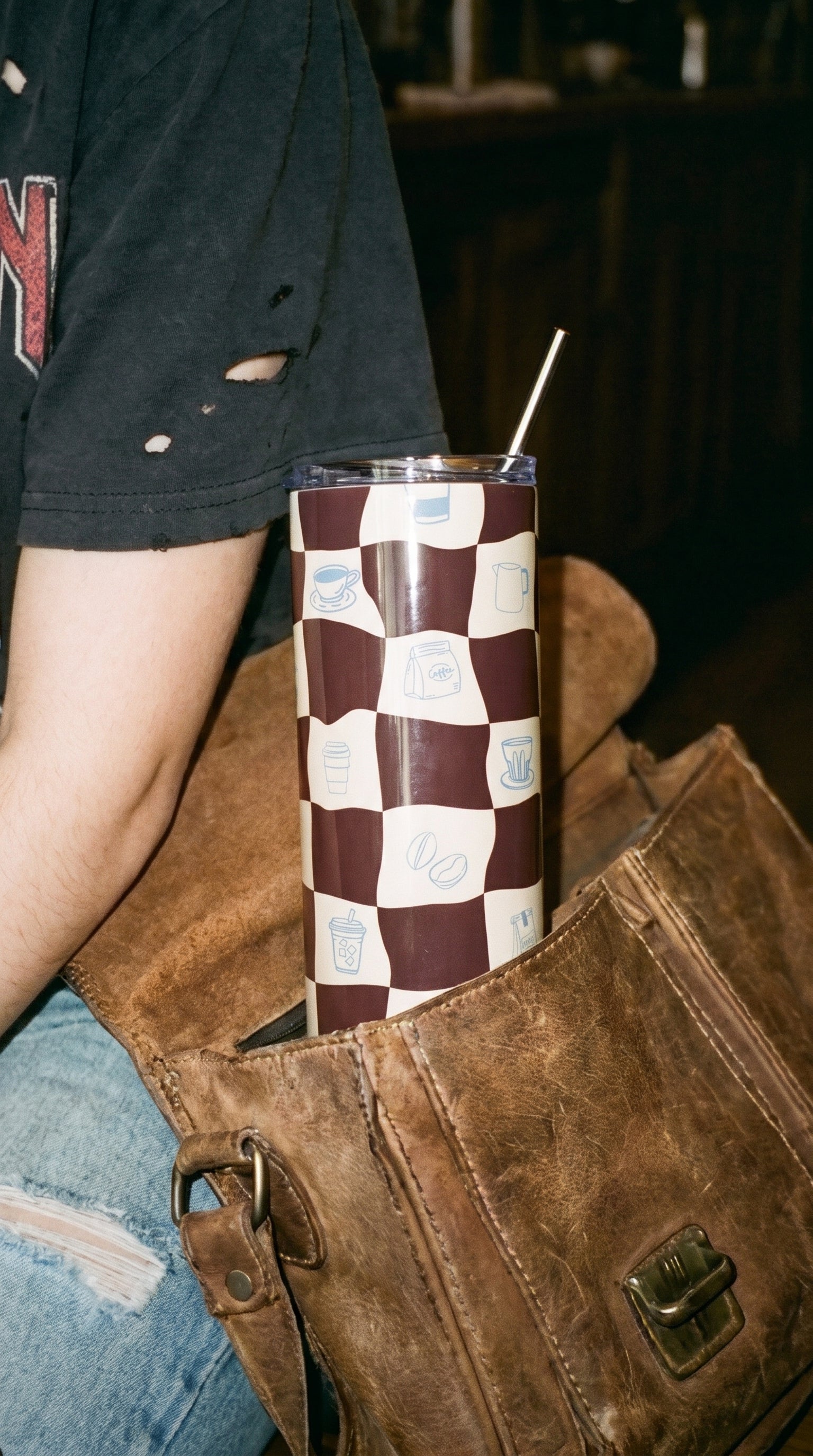 coffee checkered stainless steel tumbler